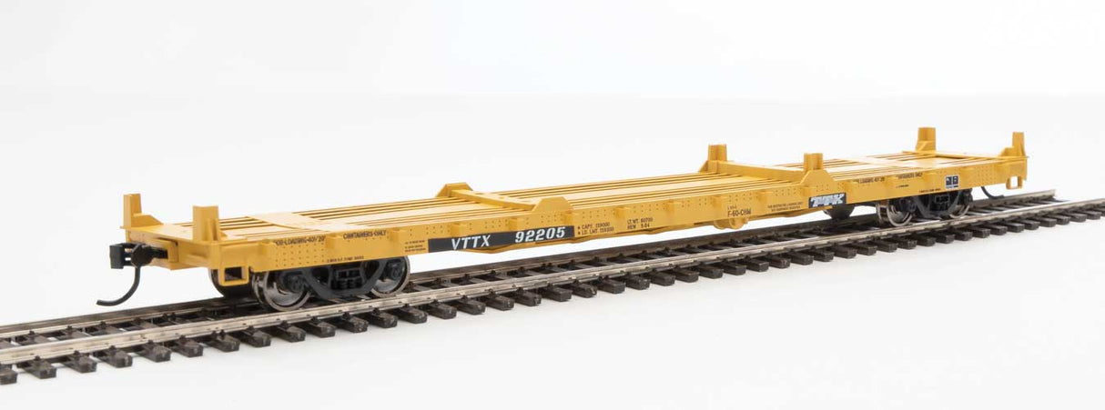 Walthers Mainline 60' Pullman-Standard Flatcar - Ready to Run -- TTX VTTX #92205 (20' and 40' container loading, yellow, black, white) - 910-5349