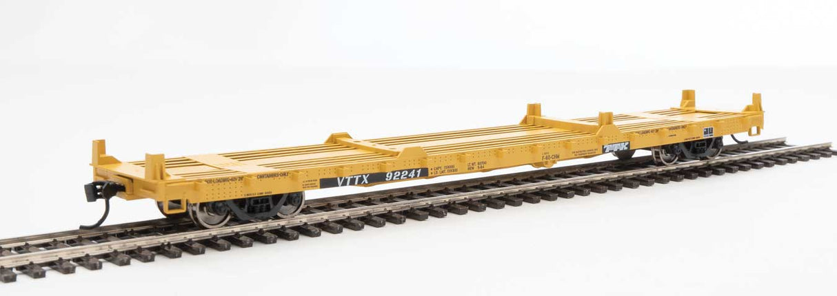 Walthers Mainline 60' Pullman-Standard Flatcar - Ready to Run -- TTX VTTX #92241 (20' and 40' container loading, yellow, black, white) - 910-5350