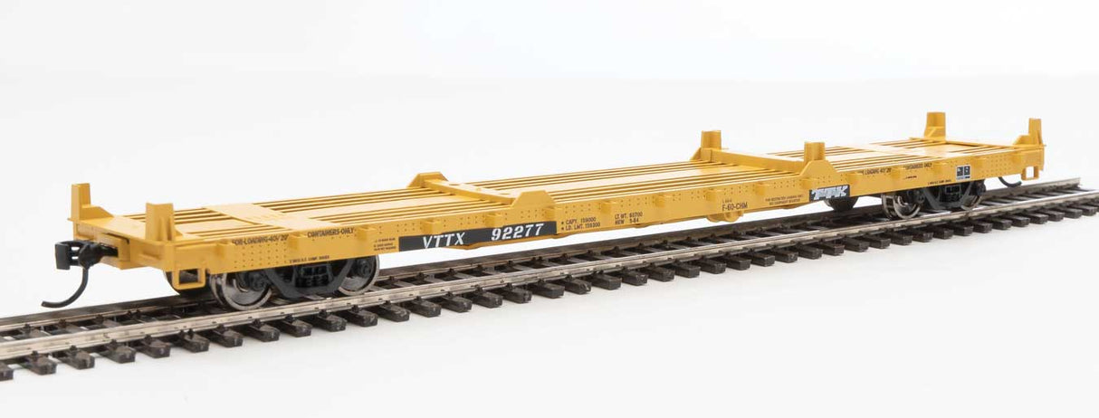 Walthers Mainline 60' Pullman-Standard Flatcar - Ready to Run -- TTX VTTX #92277 (20' and 40' container loading, yellow, black, white) - 910-5351