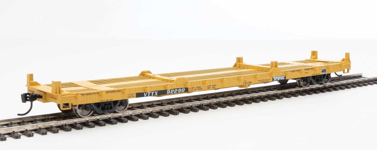 Walthers Mainline 60' Pullman-Standard Flatcar - Ready to Run -- TTX VTTX #92290 (20' and 40' container loading, yellow, black, white) - 910-5352