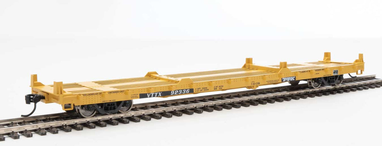 Walthers Mainline 60' Pullman-Standard Flatcar - Ready to Run -- TTX VTTX #92336 (20' and 40' container loading, yellow, black, white) - 910-5354
