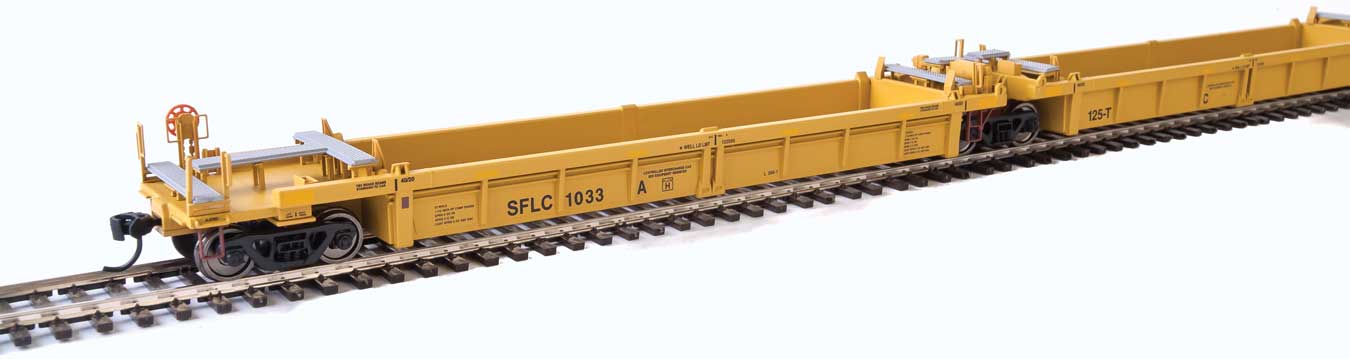 Walthers Mainline Thrall 5-Unit Rebuilt 40' Well Car - Ready to Run -- Santa Fe Leasing SFLC #1033 A-E (yellow, black, yellow conspicuity stripes) - 910-55637