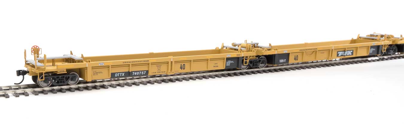 Walthers Mainline Thrall 5-Unit Rebuilt 40' Well Car - Ready to Run -- Trailer-Train DTTX #740757 A-E (yellow, Large Black & White Logo) - 910-55646