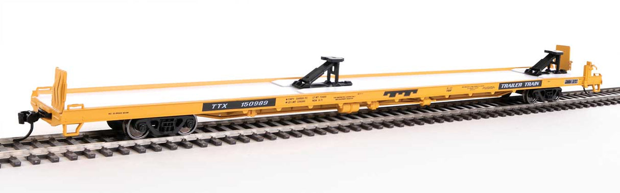 Walthers Mainline 89' Channel Side Flatcar - Ready to Run -- Trailer-Train #150989 (yellow, black; 40' Trailer Service) - 910-5716