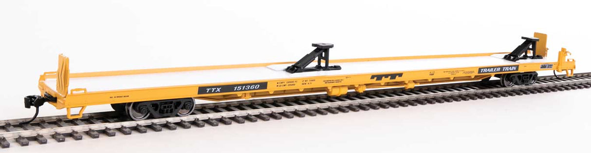 Walthers Mainline 89' Channel Side Flatcar - Ready to Run -- Trailer-Train #151360 (yellow, black; 40' Trailer Service) - 910-5717