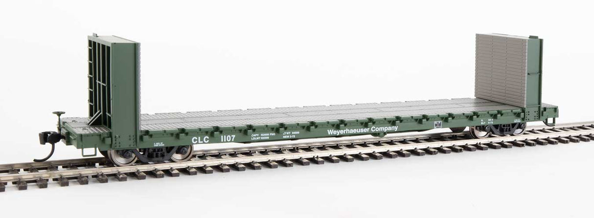 Walthers Mainline 60' Pullman-Standard Bulkhead Flatcar (48' IL) - Ready to Run -- Weyerhauser #1107 - 910-5828