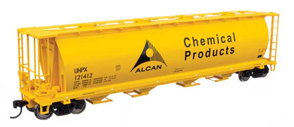 WalthersMainline HO 59' Cylindrical Hopper - Ready to Run -- Alcan UNPX #121412 (yellow, black; English & French lettering, round hatches)