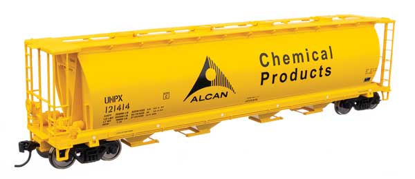 WalthersMainline HO 59' Cylindrical Hopper - Ready to Run -- Alcan UNPX #121414 (yellow, black; English & French lettering, round hatches)