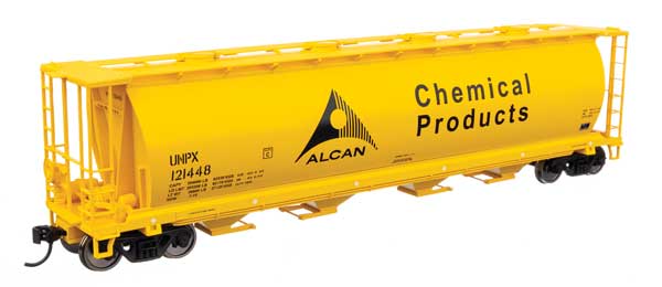 WalthersMainline HO 59' Cylindrical Hopper - Ready to Run -- Alcan UNPX #121448 (yellow, black; English & French lettering, round hatches)