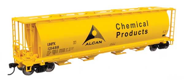 WalthersMainline HO 59' Cylindrical Hopper - Ready to Run -- Alcan UNPX #121488 (yellow, black; English & French lettering, round hatches)