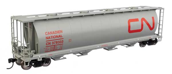 WalthersMainline HO 59' Cylindrical Hopper - Ready to Run -- Canadian National #378333 (gray, red; English & French name, round hatches)