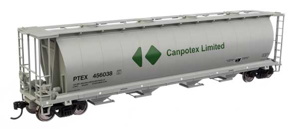 WalthersMainline HO 59' Cylindrical Hopper - Ready to Run -- Canpotex Ltd PTEX #456038 (white, green, black, round hatches)