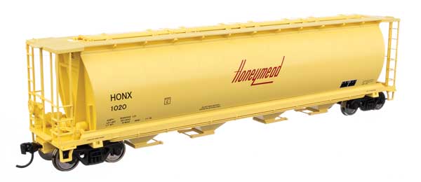 WalthersMainline HO 59' Cylindrical Hopper - Ready to Run -- Honeymead #1020 (yellow, black, red logo; trough hatches)