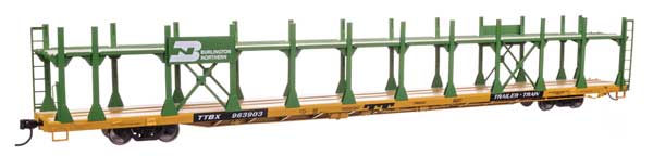 WalthersMainline HO 89' Flatcar w/Bi-Level Open Auto Rack - Ready to Run -- Burlington Northern $963903