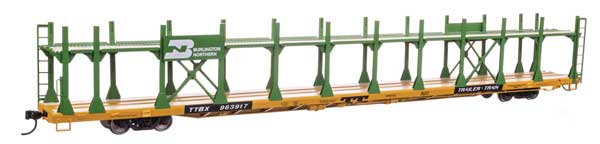 WalthersMainline HO 89' Flatcar w/Bi-Level Open Auto Rack - Ready to Run -- Burlington Northern #963917