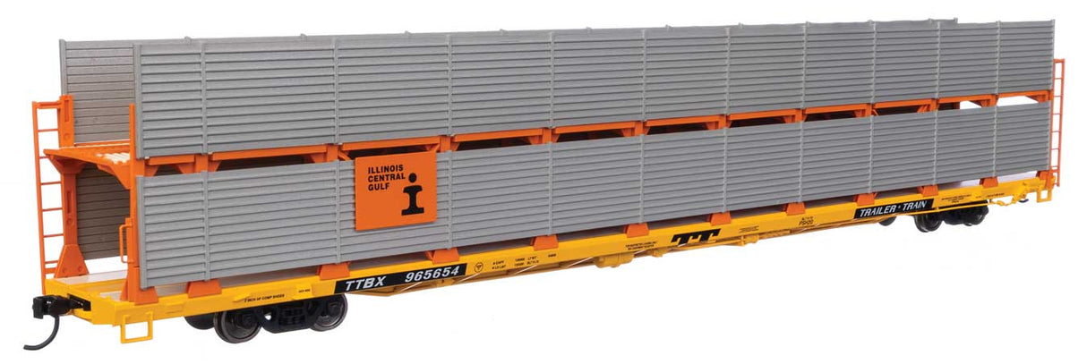 Walthers Mainline HO 89' Flatcar w/Bi-Level Shielded Auto Rack - Ready to Run -- Illinois Central Gulf Rack / Trailer-Train Flatcar TTBX #965654