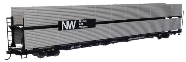 Walthers Mainline HO 89' Flatcar w/Bi-Level Shielded Auto Rack - Ready to Run -- Norfolk & Western Rack & Flatcar #412007