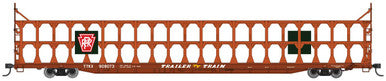 Walthers Mainline HO 89' Flatcar w/Tri-Level Open Auto Rack - Ready to Run -- Pennsylvania Railroad Rack Trailer-Train Flatcar #908073 (brown)