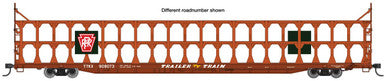 Walthers Mainline HO 89' Flatcar w/Tri-Level Open Auto Rack - Ready to Run -- Pennsylvania Railroad Rack Trailer-Train Flatcar #908090 (brown)
