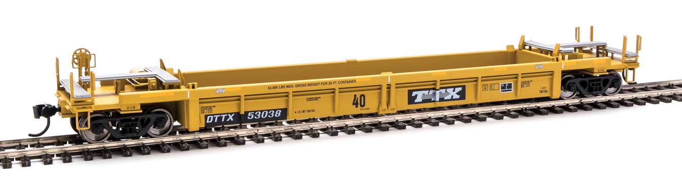 Walthers Mainline Thrall Rebuilt 40' Well Car - Ready to Run -- Trailer-Train DTTX #53038 (yellow, black; black & white logo, yellow stripes) - 910-8412