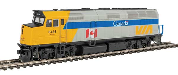 Walthers Mainline EMD F40PH - Standard DC -- VIA Rail Canada #6436 (Canadian Flag Scheme; gray, blue, yellow) - 910-9469