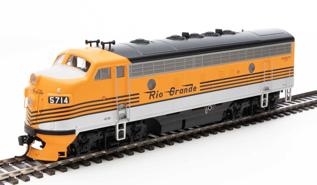 Walthers Mainline EMD F7 A-B Set - Standard DC -- Denver & Rio Grande Western(TM) #5714, 5713 (Grande Gold, silver, black) - 910-9954