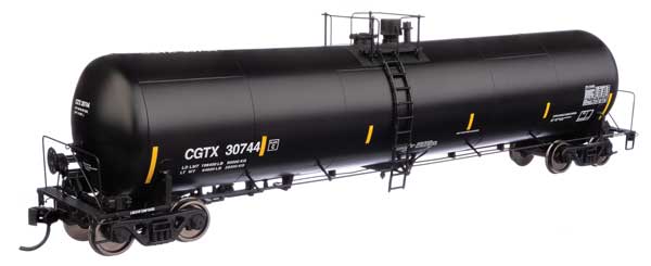 WalthersProto HO 55' Trinity 30,145-Gallon Tank Car - Ready to Run -- Canadian General Transit CGTX #30744 (black, white, yellow conspicuity marks)