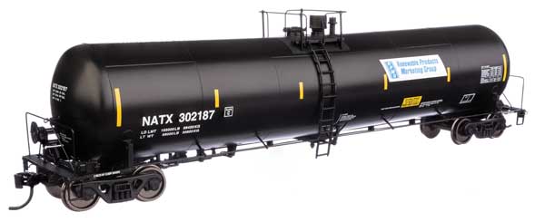 WalthersProto HO 55' Trinity 30,145-Gallon Tank Car - Ready to Run -- Renewable Products NATX #302187 (black, white, yellow conspicuity marks)