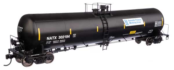 WalthersProto HO 55' Trinity 30,145-Gallon Tank Car - Ready to Run -- Renewable Products NATX #302194 (black, white, yellow conspicuity marks)