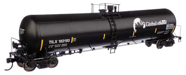 WalthersProto HO 55' Trinity 30,145-Gallon Tank Car - Ready to Run -- Global Ethanol TILX #192193 (black, white, yellow conspicuity marks)