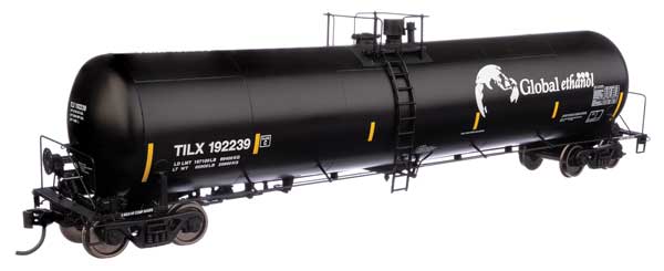 WalthersProto HO 55' Trinity 30,145-Gallon Tank Car - Ready to Run -- Global Ethanol TILX #192239 (black, white, yellow conspicuity marks)