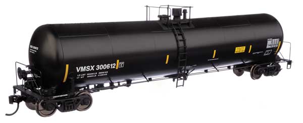 WalthersProto HO 55' Trinity 30,145-Gallon Tank Car - Ready to Run -- Valero Marketing & Supply VMSX #300612 (black, white, yellow marks)