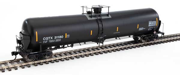 WalthersProto 55' Trinity Modified 30,145-Gallon Tank Car - Ready to Run -- GATX Rail Canada CGTX #31180 (black, white; yellow conspicuity marks) - 920-100736