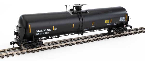 WalthersProto 55' Trinity Modified 30,145-Gallon Tank Car - Ready to Run -- Stauffer Chemical Co. STAX #10033 (black, white, yellow conspicuity marks) - 920-100751