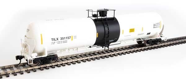 WalthersProto 55' Trinity Modified 30,145-Gallon Tank Car - Ready to Run -- Trinity Industries Leasing #351157 (white, black; Yellow Conspicuity Marks) - 920-100754