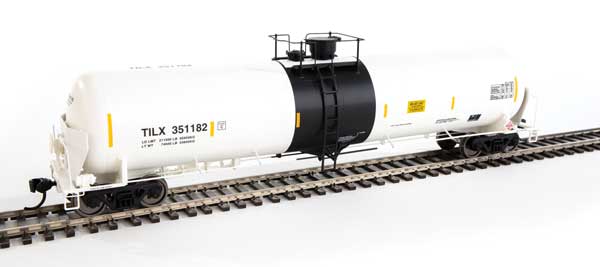 WalthersProto 55' Trinity Modified 30,145-Gallon Tank Car - Ready to Run -- Trinity Industries Leasing #351182 (white, black; Yellow Conspicuity Marks) - 920-100756