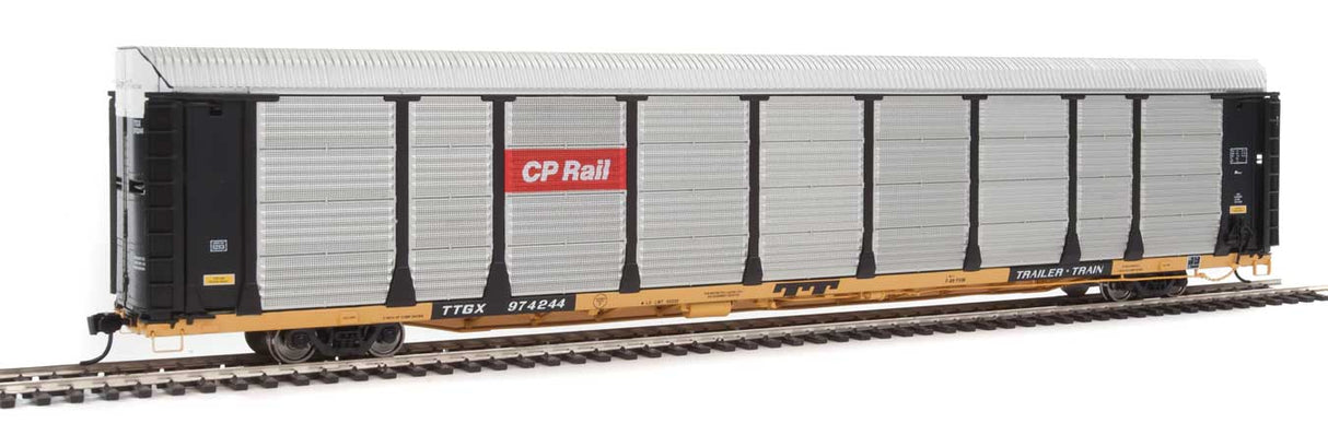 WalthersProto 89' Thrall Bi-Level Auto Carrier - Ready To Run -- Canadian Pacific Rack, TTGX Flatcar #974244 (black, silver; yellow Flat) - 920-101329