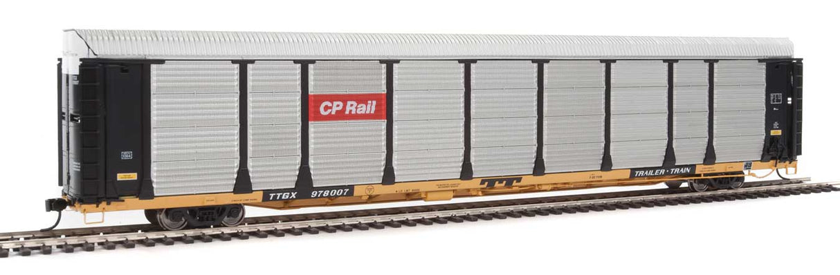 WalthersProto 89' Thrall Bi-Level Auto Carrier - Ready To Run -- Canadian Pacific Rack, TTGX Flatcar #978007 (black, silver; yellow Flat) - 920-101330