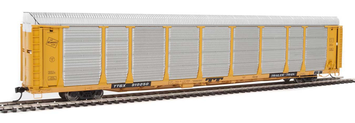WalthersProto 89' Thrall Bi-Level Auto Carrier - Ready To Run -- Milwaukee Road Rack, TTGX Flatcar #910250 (yellow, silver; yellow Flat) - 920-101339