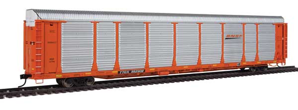 WalthersProto 89' Thrall Bi-Level Auto Carrier - Ready To Run -- BNSF Rack #27734, TTGX Flatcar #952827 (orange) - 920-101347