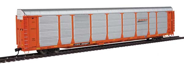 WalthersProto 89' Thrall Bi-Level Auto Carrier - Ready To Run -- BNSF Rack #27796, TTGX Flatcar #952908 (orange) - 920-101348