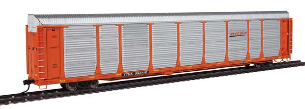 WalthersProto 89' Thrall Bi-Level Auto Carrier - Ready To Run -- BNSF Rack #28016, TTGX Flatcar #953148 (orange) - 920-101349