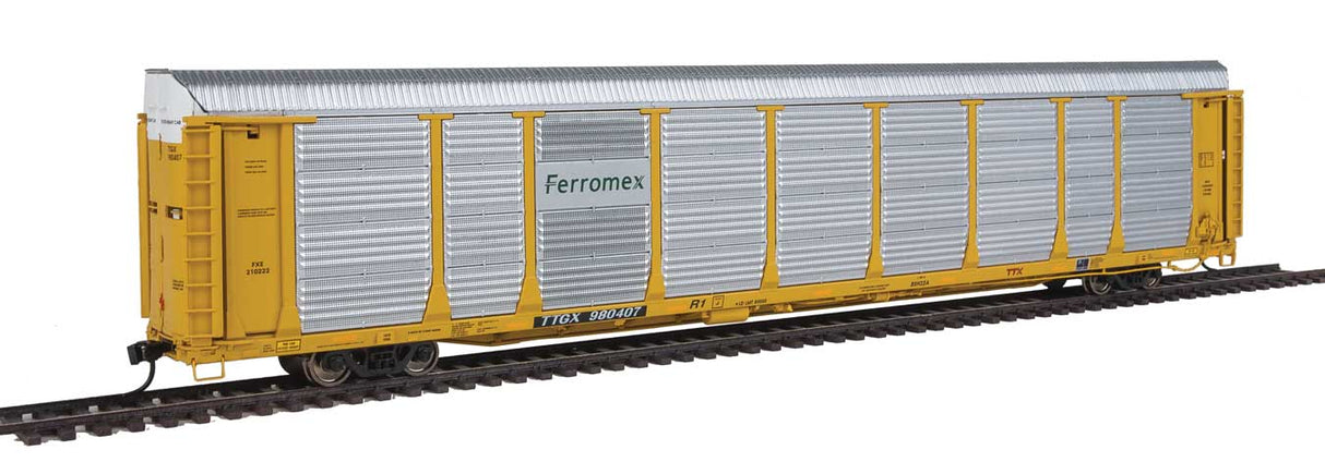 WalthersProto 89' Thrall Bi-Level Auto Carrier - Ready To Run -- Ferromex Rack FXE #210222, TTGX Flatcar #980407 - 920-101362