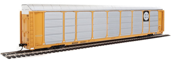 WalthersProto 89' Thrall Enclosed Tri-Level Auto Carrier - Ready to Run -- Burlington Northern Santa Fe Rack and Flat #303061 (yellow, Circle-Cross Log - 920-101414