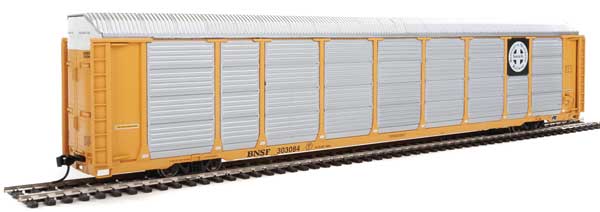 WalthersProto 89' Thrall Enclosed Tri-Level Auto Carrier - Ready to Run -- Burlington Northern Santa Fe Rack and Flat #303084 (yellow, Circle-Cross Log - 920-101415