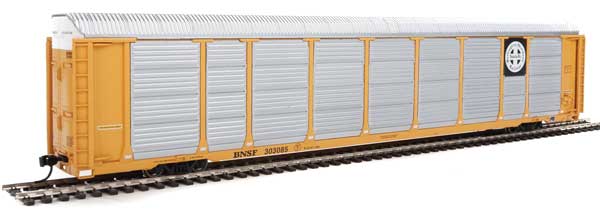 WalthersProto 89' Thrall Enclosed Tri-Level Auto Carrier - Ready to Run -- Burlington Northern Santa Fe Rack and Flat #303085 (yellow, Circle-Cross Log - 920-101416