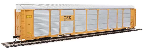 WalthersProto 89' Thrall Enclosed Tri-Level Auto Carrier - Ready to Run -- CSX Rack ETTX Flat #T8782/710273 (yellow, black, silver) - 920-101424