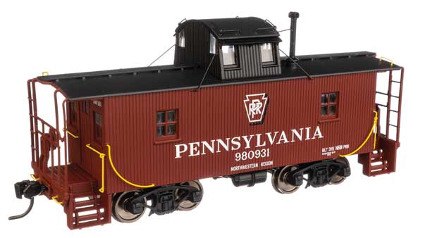 Walthers Mainline Pennsylvania N6B Wood Cabin Car (Caboose) w/Center Cupola -- Pennsylvania Railroad #980931 (Tuscan, black w/Keystone at top)