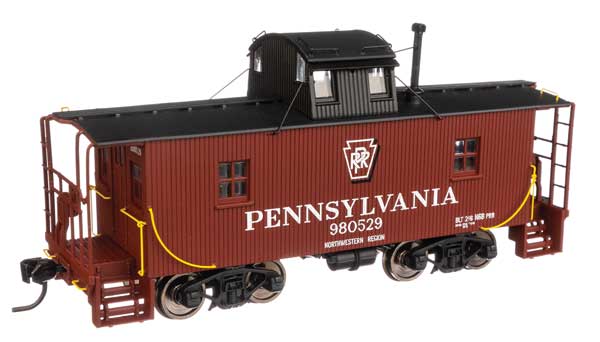 Walthers Mainline Pennsylvania N6B Wood Cabin Car (Caboose) w/Center Cupola -- Pennsylvania Railroad #980529 (Tuscan, black w/Keystone at top)