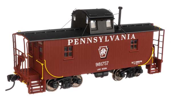 Walthers Mainline Pennsylvania N6B Wood Cabin Car (Caboose) w/Center Cupola -- Pennsylvania Railroad #981757 (Tuscan, black w/Keystone in middle)